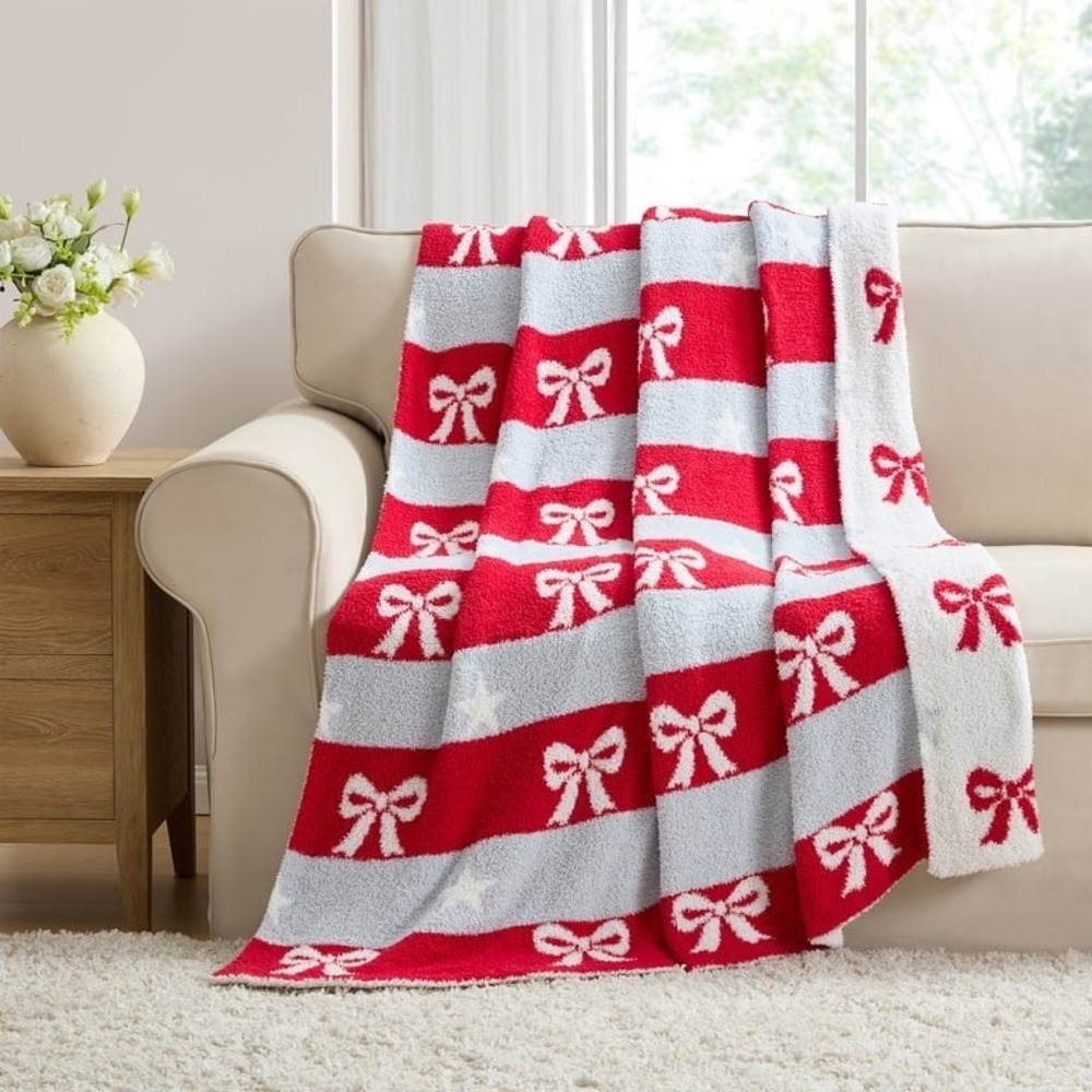 My Texas House Bows and Stars Throw, Red/White/Blue, 50x60 • NWT‎